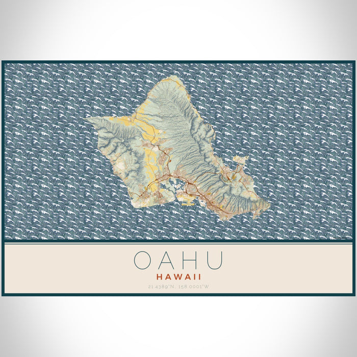 Oahu Hawaii Map Print Landscape Orientation in Woodblock Style With Shaded Background