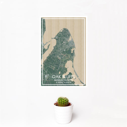 12x18 OAK BLUFFS Massachusetts Map Print Portrait Orientation in Afternoon Style With Small Cactus Plant in White Planter