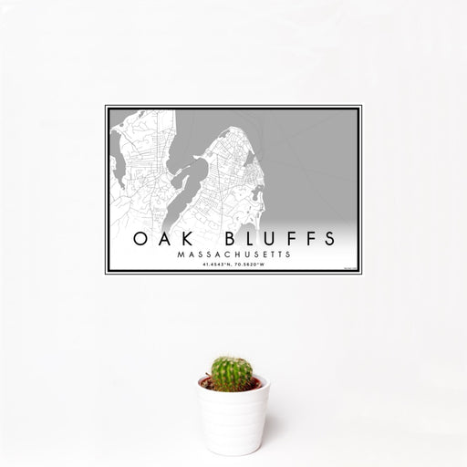 12x18 Oak Bluffs Massachusetts Map Print Landscape Orientation in Classic Style With Small Cactus Plant in White Planter