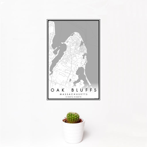 12x18 Oak Bluffs Massachusetts Map Print Portrait Orientation in Classic Style With Small Cactus Plant in White Planter