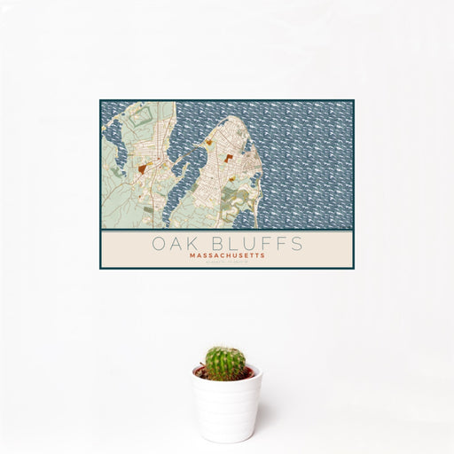 12x18 Oak Bluffs Massachusetts Map Print Landscape Orientation in Woodblock Style With Small Cactus Plant in White Planter