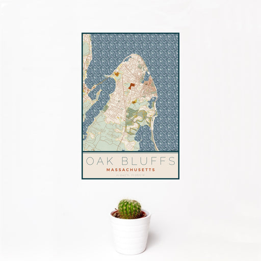 12x18 Oak Bluffs Massachusetts Map Print Portrait Orientation in Woodblock Style With Small Cactus Plant in White Planter