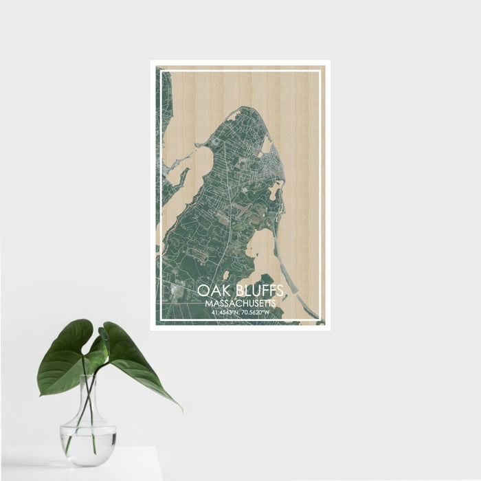 16x24 OAK BLUFFS Massachusetts Map Print Portrait Orientation in Afternoon Style With Tropical Plant Leaves in Water