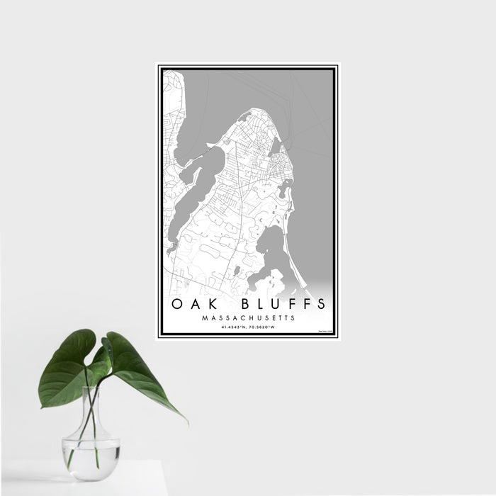 16x24 Oak Bluffs Massachusetts Map Print Portrait Orientation in Classic Style With Tropical Plant Leaves in Water