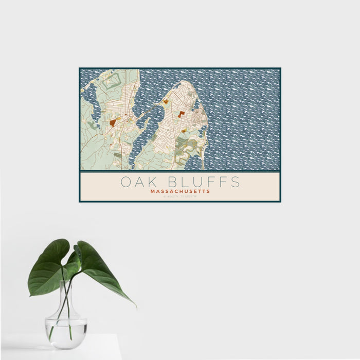 16x24 Oak Bluffs Massachusetts Map Print Landscape Orientation in Woodblock Style With Tropical Plant Leaves in Water