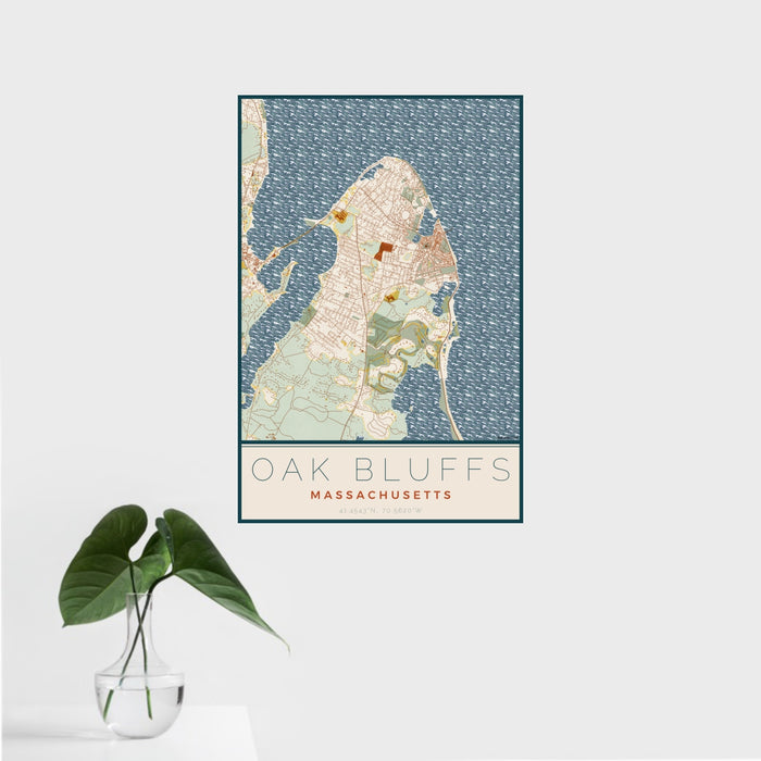 16x24 Oak Bluffs Massachusetts Map Print Portrait Orientation in Woodblock Style With Tropical Plant Leaves in Water