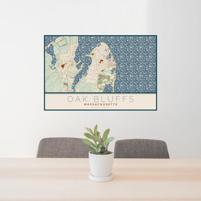 24x36 Oak Bluffs Massachusetts Map Print Lanscape Orientation in Woodblock Style Behind 2 Chairs Table and Potted Plant