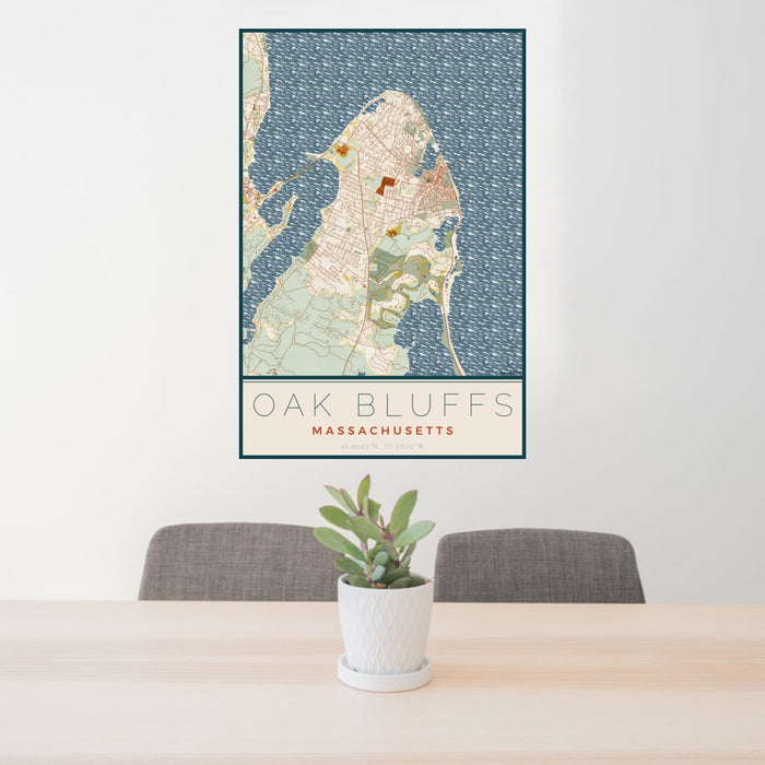 24x36 Oak Bluffs Massachusetts Map Print Portrait Orientation in Woodblock Style Behind 2 Chairs Table and Potted Plant