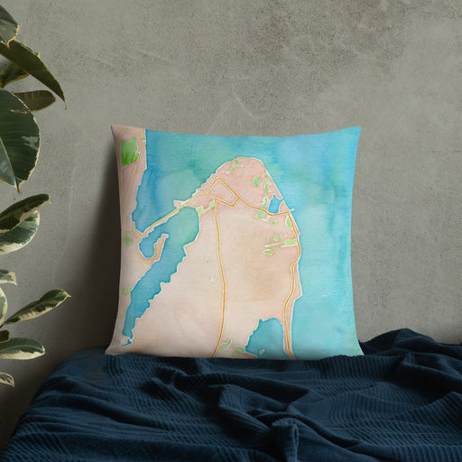 Custom Oak Bluffs Massachusetts Map Throw Pillow in Watercolor on Bedding Against Wall