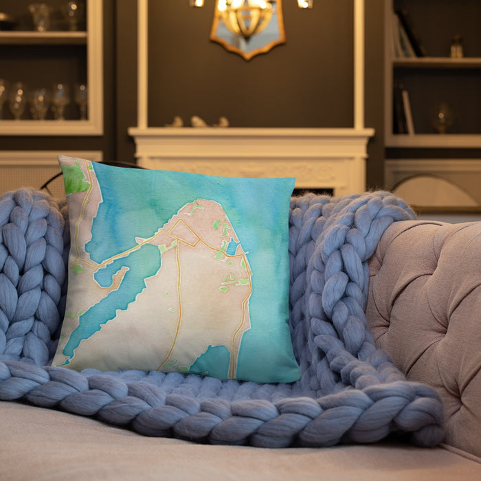 Custom Oak Bluffs Massachusetts Map Throw Pillow in Watercolor on Cream Colored Couch
