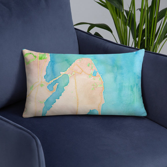 Custom Oak Bluffs Massachusetts Map Throw Pillow in Watercolor on Blue Colored Chair