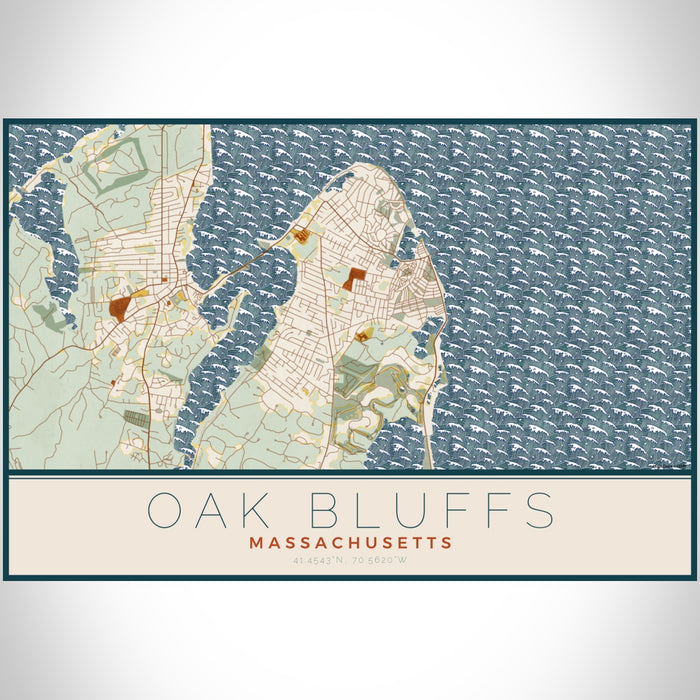 Oak Bluffs Massachusetts Map Print Landscape Orientation in Woodblock Style With Shaded Background