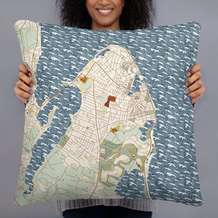 Person holding 22x22 Custom Oak Bluffs Massachusetts Map Throw Pillow in Woodblock