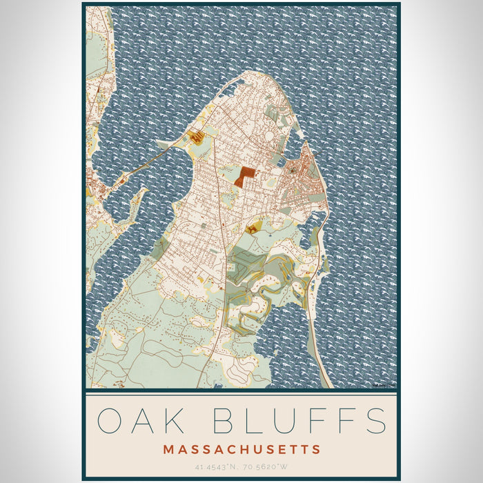 Oak Bluffs Massachusetts Map Print Portrait Orientation in Woodblock Style With Shaded Background