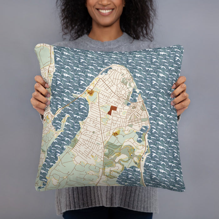 Person holding 18x18 Custom Oak Bluffs Massachusetts Map Throw Pillow in Woodblock
