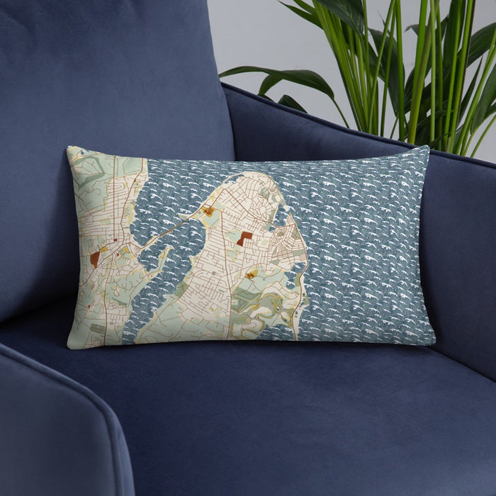 Custom Oak Bluffs Massachusetts Map Throw Pillow in Woodblock on Blue Colored Chair