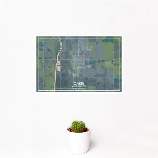 12x18 Oakes North Dakota Map Print Landscape Orientation in Afternoon Style With Small Cactus Plant in White Planter