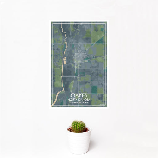 12x18 Oakes North Dakota Map Print Portrait Orientation in Afternoon Style With Small Cactus Plant in White Planter