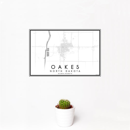 12x18 Oakes North Dakota Map Print Landscape Orientation in Classic Style With Small Cactus Plant in White Planter