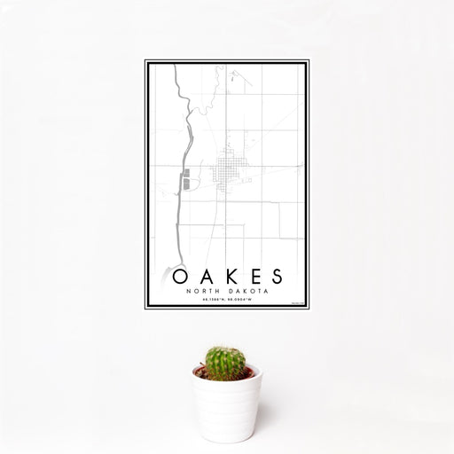 12x18 Oakes North Dakota Map Print Portrait Orientation in Classic Style With Small Cactus Plant in White Planter