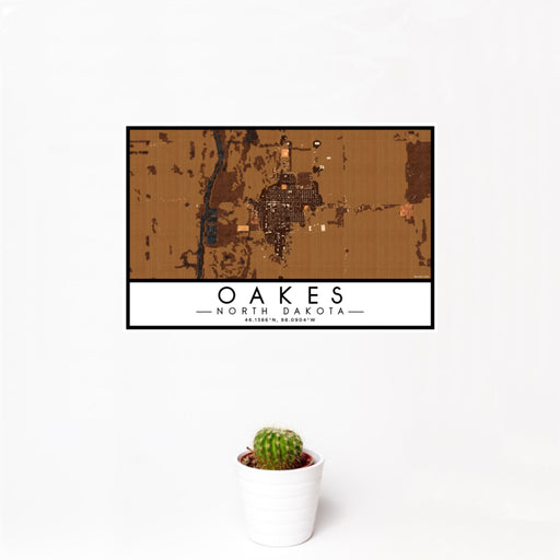12x18 Oakes North Dakota Map Print Landscape Orientation in Ember Style With Small Cactus Plant in White Planter