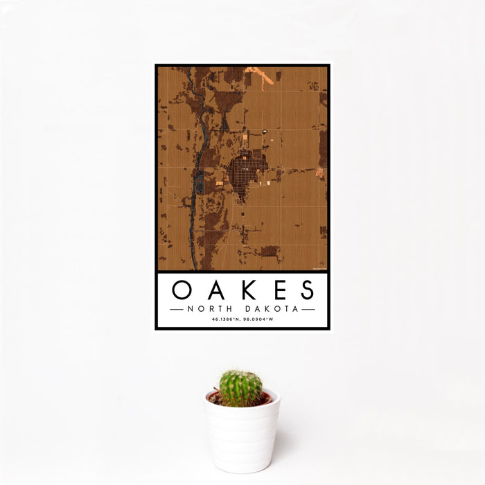 12x18 Oakes North Dakota Map Print Portrait Orientation in Ember Style With Small Cactus Plant in White Planter