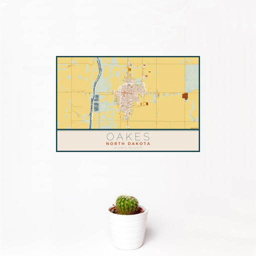 12x18 Oakes North Dakota Map Print Landscape Orientation in Woodblock Style With Small Cactus Plant in White Planter