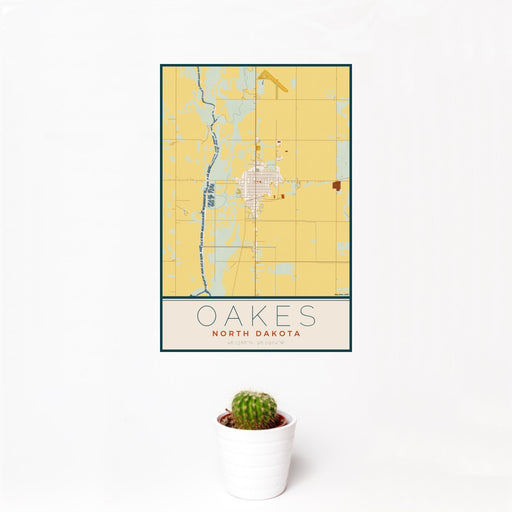 12x18 Oakes North Dakota Map Print Portrait Orientation in Woodblock Style With Small Cactus Plant in White Planter