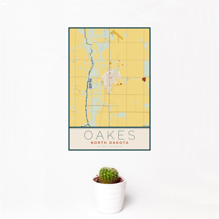 12x18 Oakes North Dakota Map Print Portrait Orientation in Woodblock Style With Small Cactus Plant in White Planter