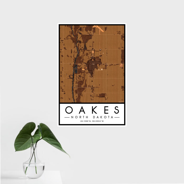16x24 Oakes North Dakota Map Print Portrait Orientation in Ember Style With Tropical Plant Leaves in Water