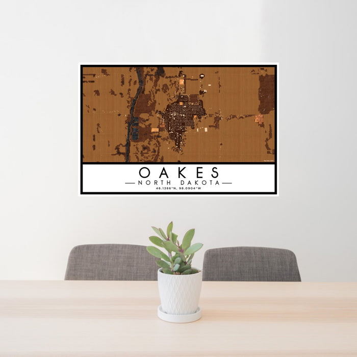 24x36 Oakes North Dakota Map Print Lanscape Orientation in Ember Style Behind 2 Chairs Table and Potted Plant