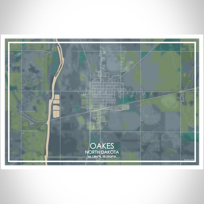 Oakes North Dakota Map Print Landscape Orientation in Afternoon Style With Shaded Background