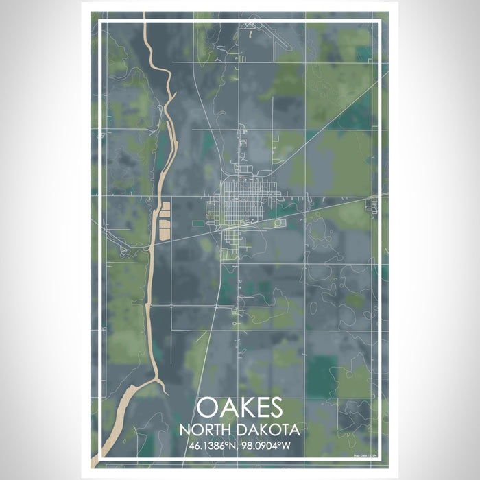 Oakes North Dakota Map Print Portrait Orientation in Afternoon Style With Shaded Background