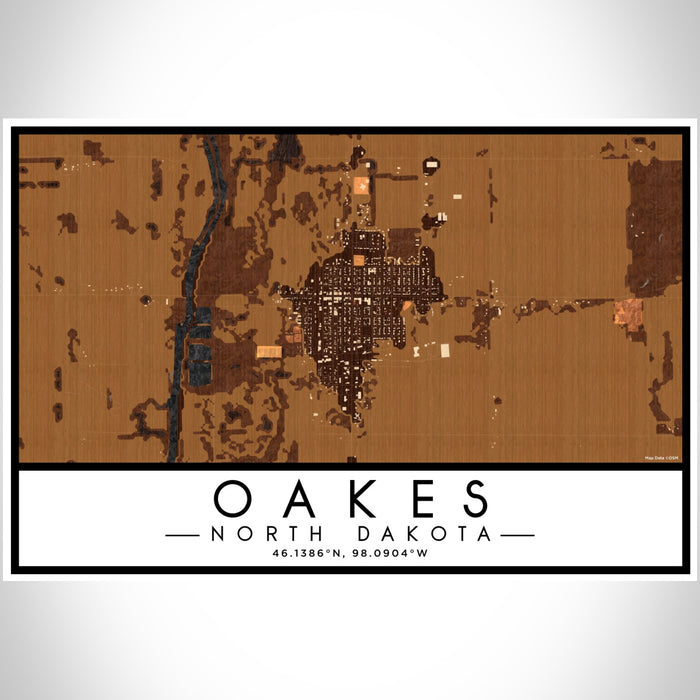 Oakes North Dakota Map Print Landscape Orientation in Ember Style With Shaded Background