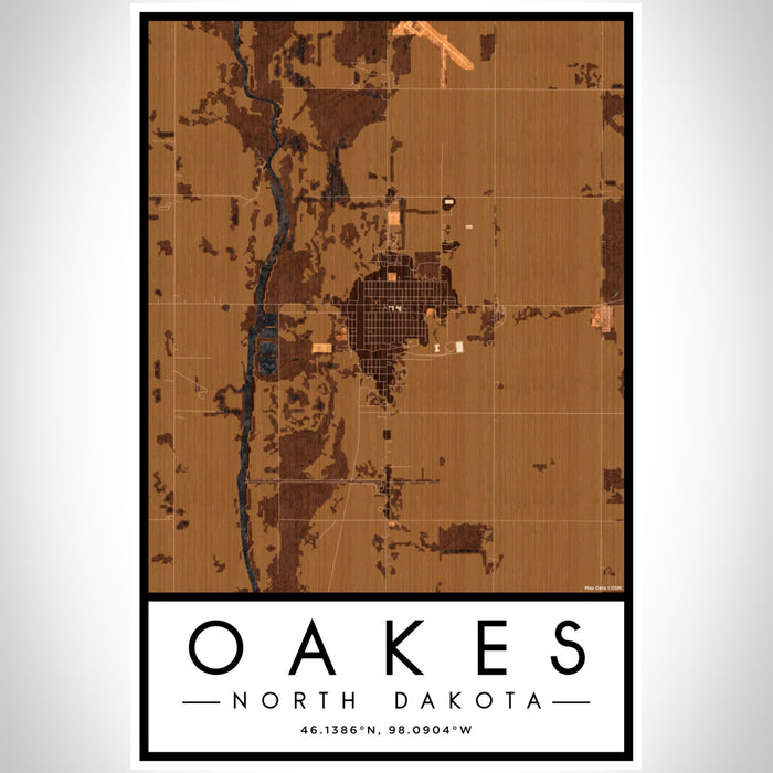 Oakes North Dakota Map Print Portrait Orientation in Ember Style With Shaded Background