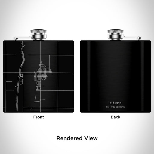 Rendered View of Oakes North Dakota Map Engraving on 6oz Stainless Steel Flask in Black