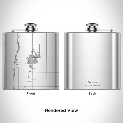 Rendered View of Oakes North Dakota Map Engraving on 6oz Stainless Steel Flask
