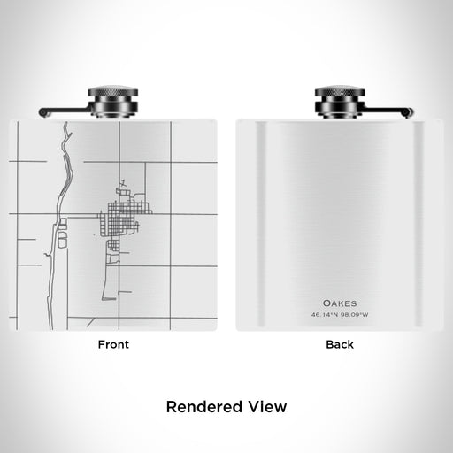 Rendered View of Oakes North Dakota Map Engraving on 6oz Stainless Steel Flask in White