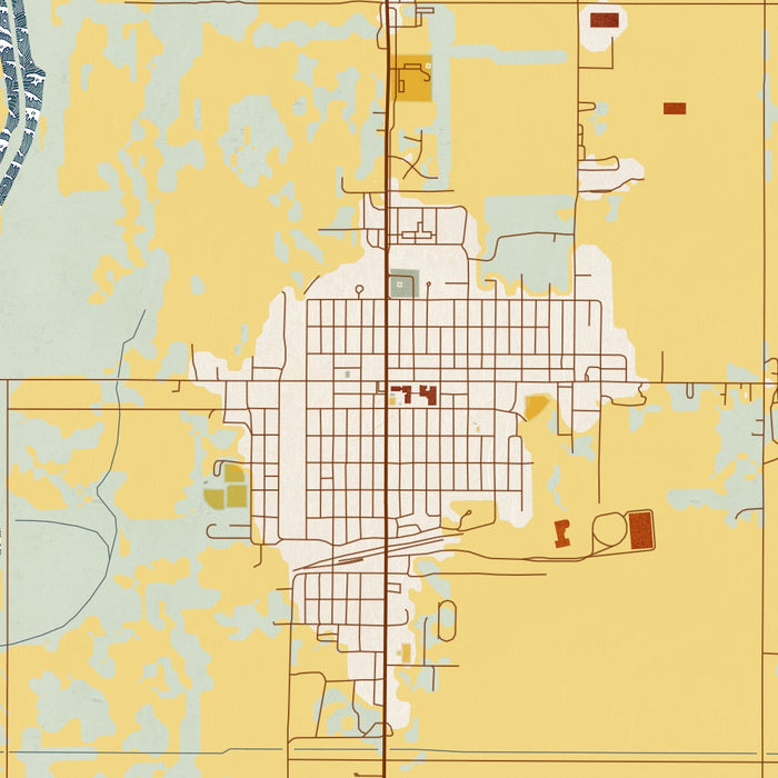 Oakes North Dakota Map Print in Woodblock Style Zoomed In Close Up Showing Details