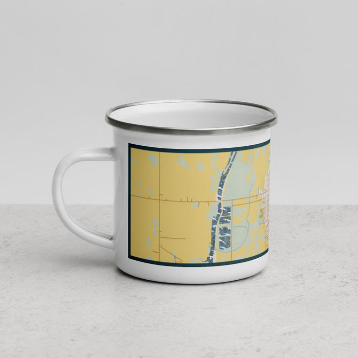 Left View Custom Oakes North Dakota Map Enamel Mug in Woodblock