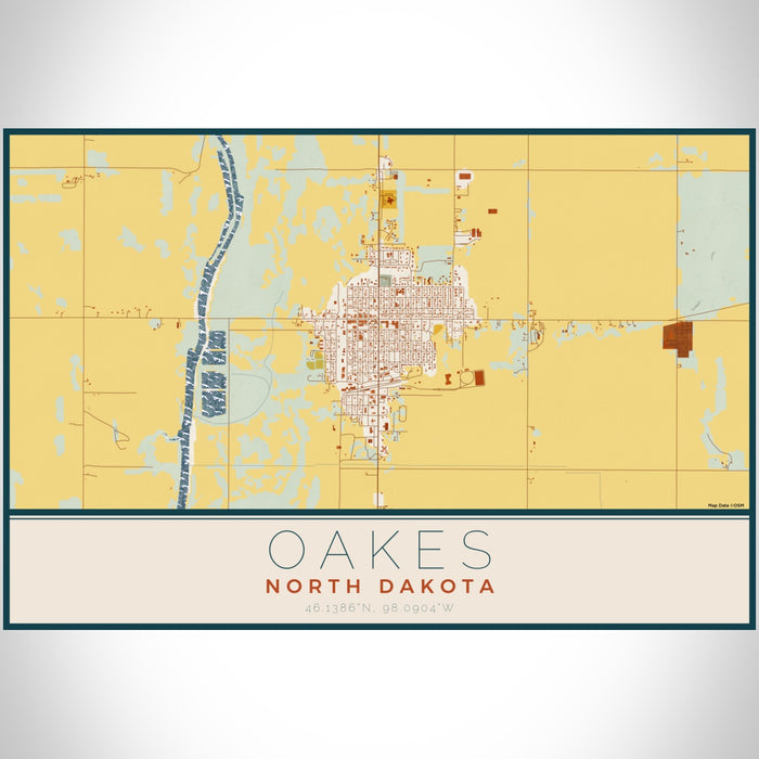 Oakes North Dakota Map Print Landscape Orientation in Woodblock Style With Shaded Background
