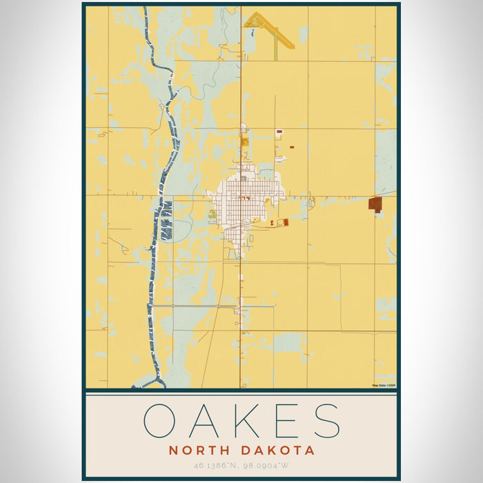 Oakes North Dakota Map Print Portrait Orientation in Woodblock Style With Shaded Background