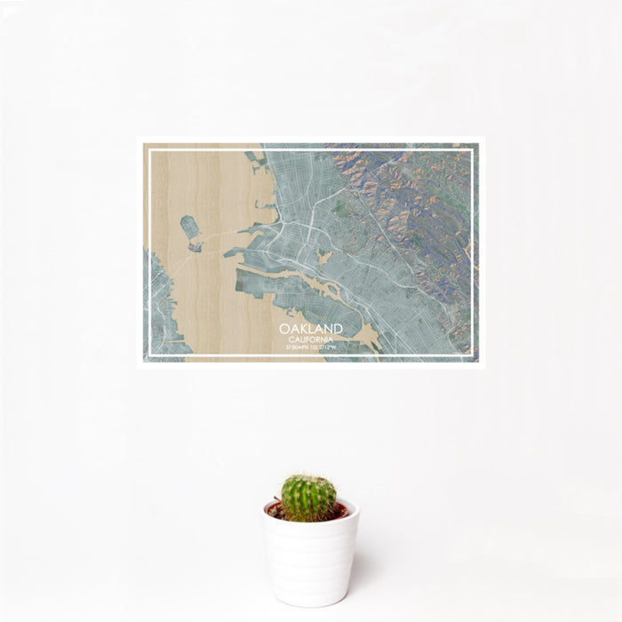 12x18 Oakland California Map Print Landscape Orientation in Afternoon Style With Small Cactus Plant in White Planter