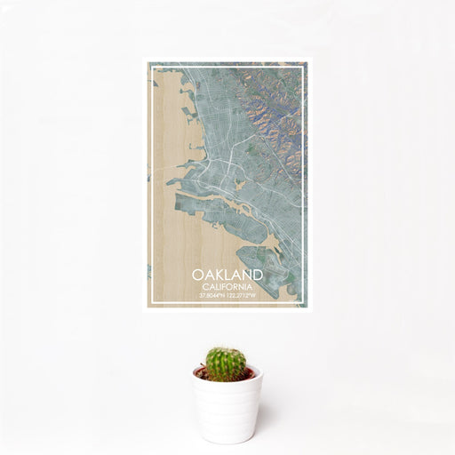 12x18 Oakland California Map Print Portrait Orientation in Afternoon Style With Small Cactus Plant in White Planter