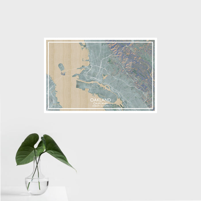 16x24 Oakland California Map Print Landscape Orientation in Afternoon Style With Tropical Plant Leaves in Water