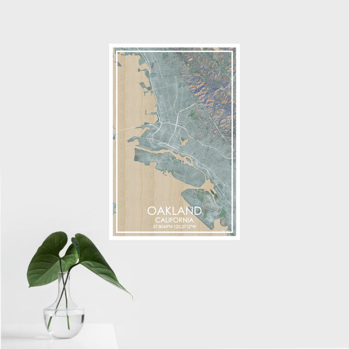 16x24 Oakland California Map Print Portrait Orientation in Afternoon Style With Tropical Plant Leaves in Water