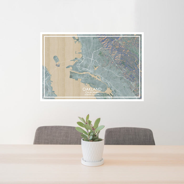 24x36 Oakland California Map Print Lanscape Orientation in Afternoon Style Behind 2 Chairs Table and Potted Plant