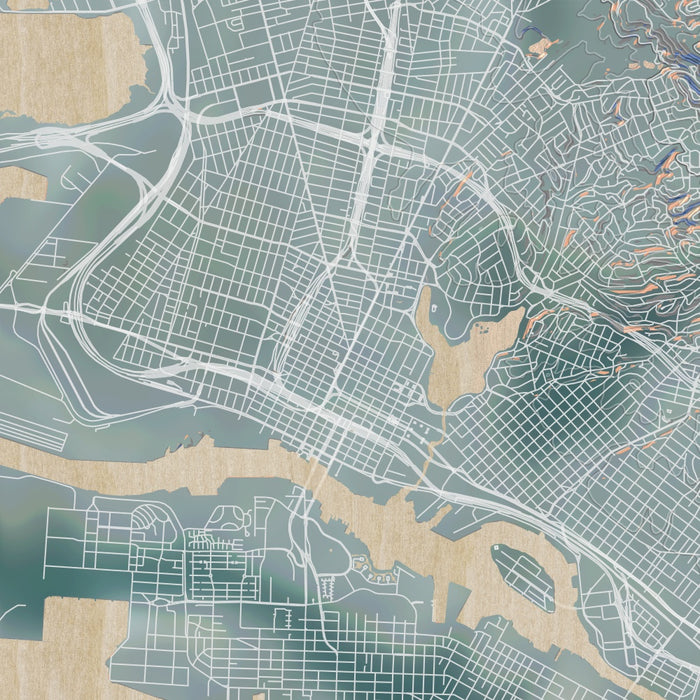 Oakland California Map Print in Afternoon Style Zoomed In Close Up Showing Details