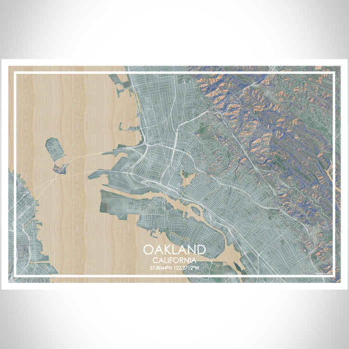 Oakland California Map Print Landscape Orientation in Afternoon Style With Shaded Background