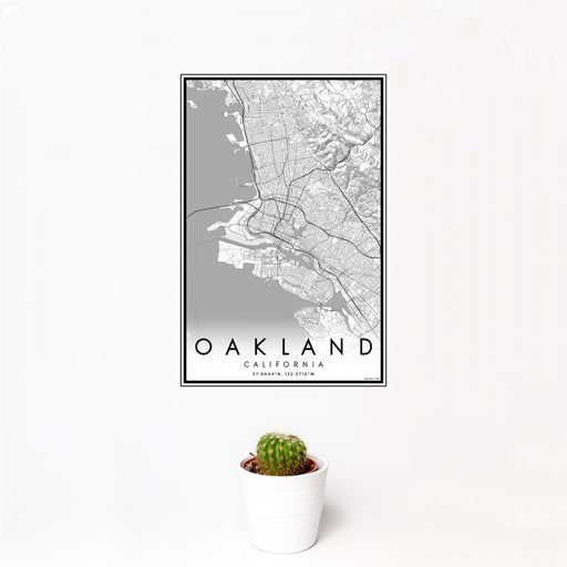 12x18 Oakland California Map Print Portrait Orientation in Classic Style With Small Cactus Plant in White Planter